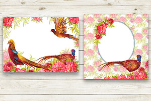 Pheasants, Birds And Flowers