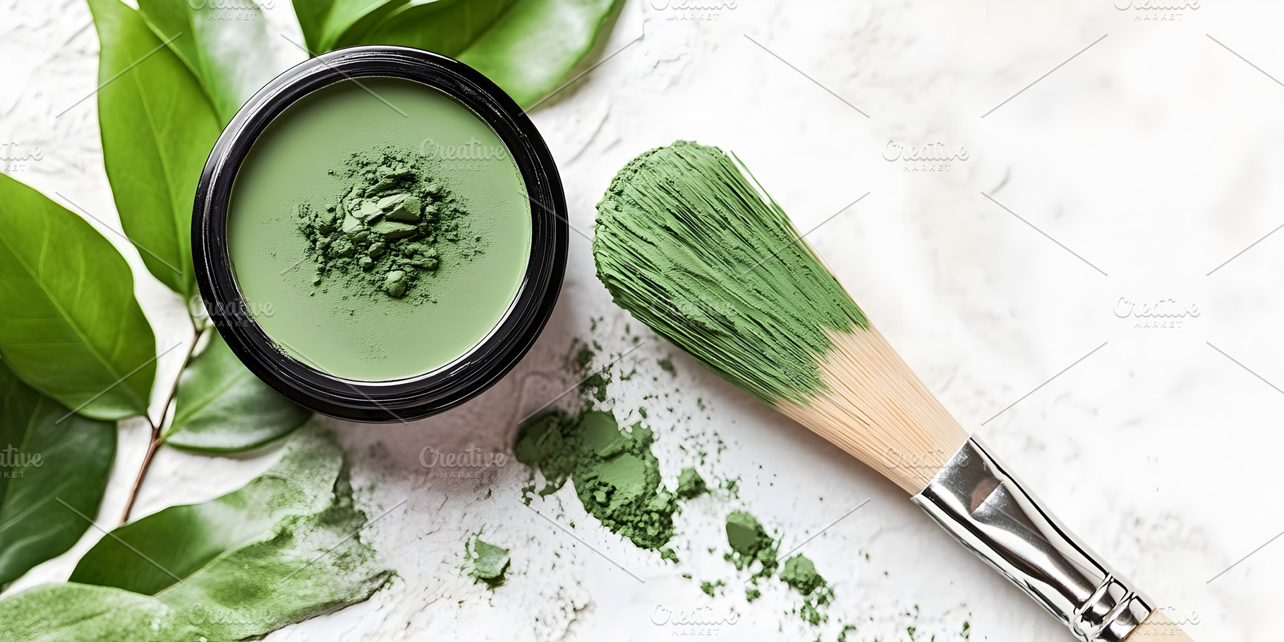 Green clay facial mask with brush an, a Beauty & Fashion Photo by Photostock