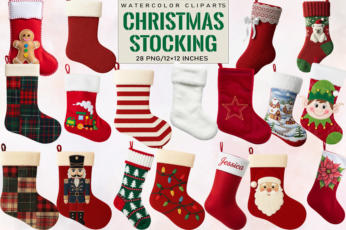 Watercolor Christmas Stocking Clipar, an Illustration by SVGArt (Photo 1 of 8)