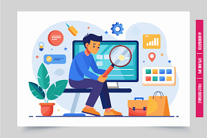 Man desk magnify glass charts, an Illustration by Tanuart