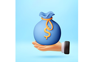 Hand holding a 3D blue bag with, a Finance Illustration by Abscent