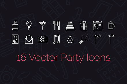 16 Party Icons + Seamless Pattern