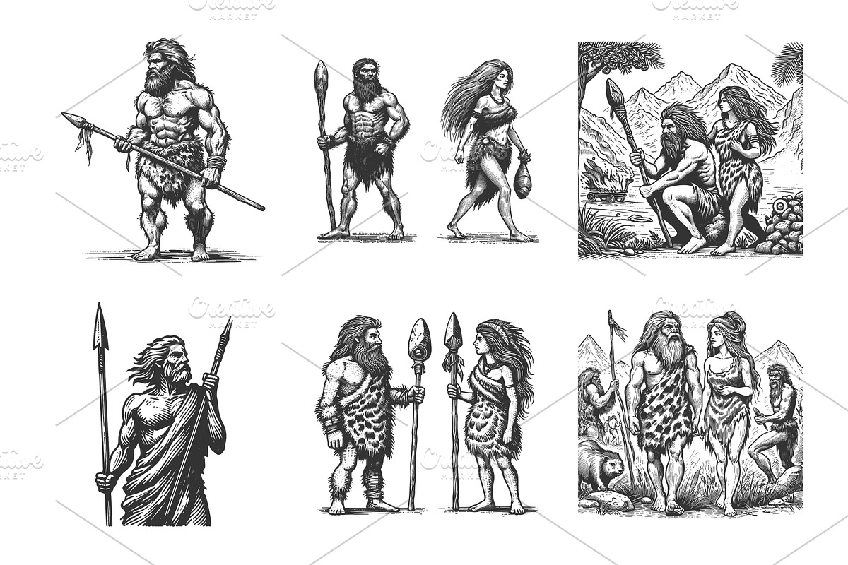 Primitive caveman and cavewoman with, a Person Illustration by AlexArt