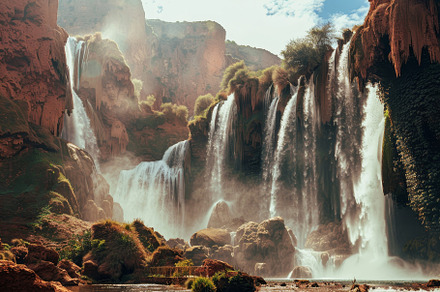 Water rushes over steep cliffs, crea, a Photo by Tanuart