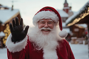 Waving Santa Claus in winter village, a Holiday Photo by MistyDay