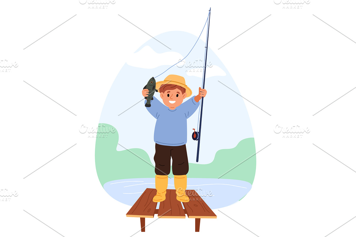 Little boy caught fish in pond with, an Illustration by Vectorbuum