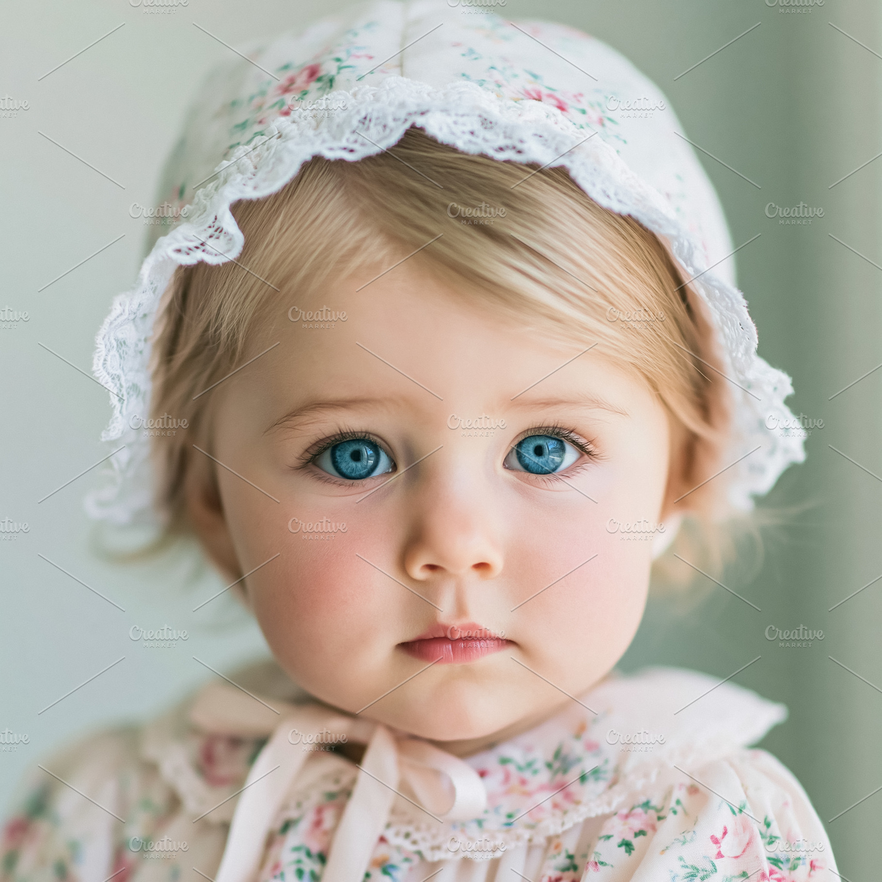 Baby girl with blonde hair and striking blue eyes wearing a vint, a Person Photo by Studio ANNA
