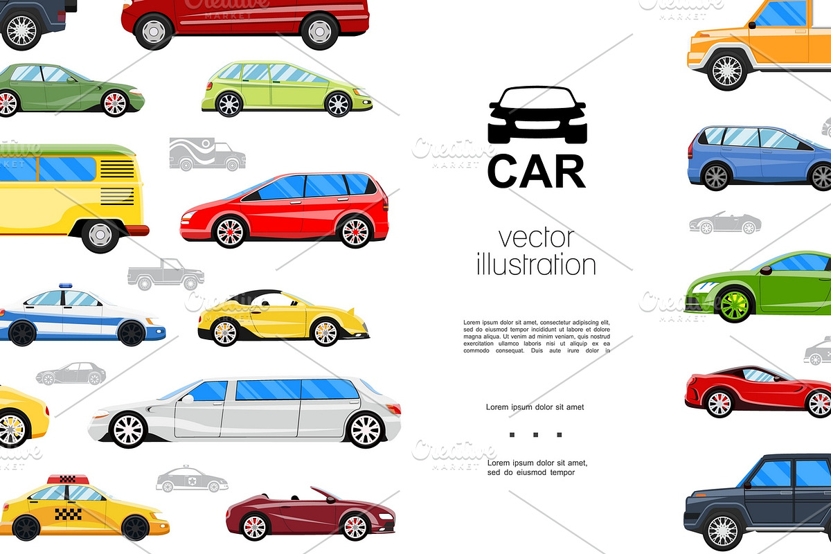 Flat colorful automobiles template, an Object Illustration by Microvector