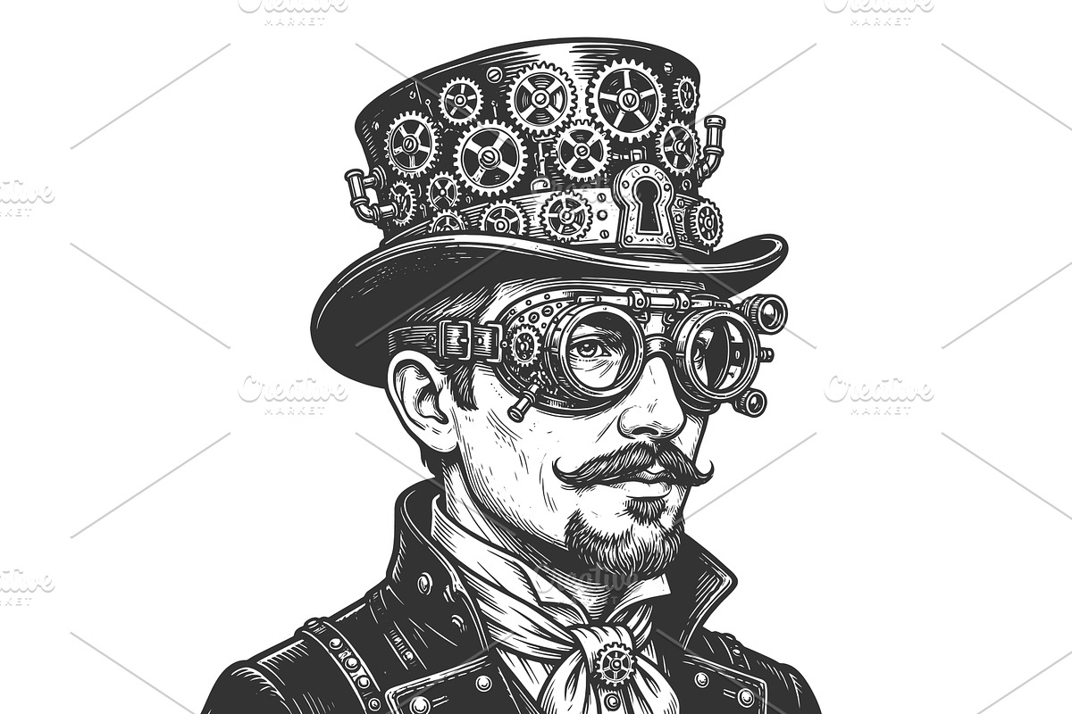 Steampunk Gentleman Portrait Gears, a Person Illustration by AlexArt