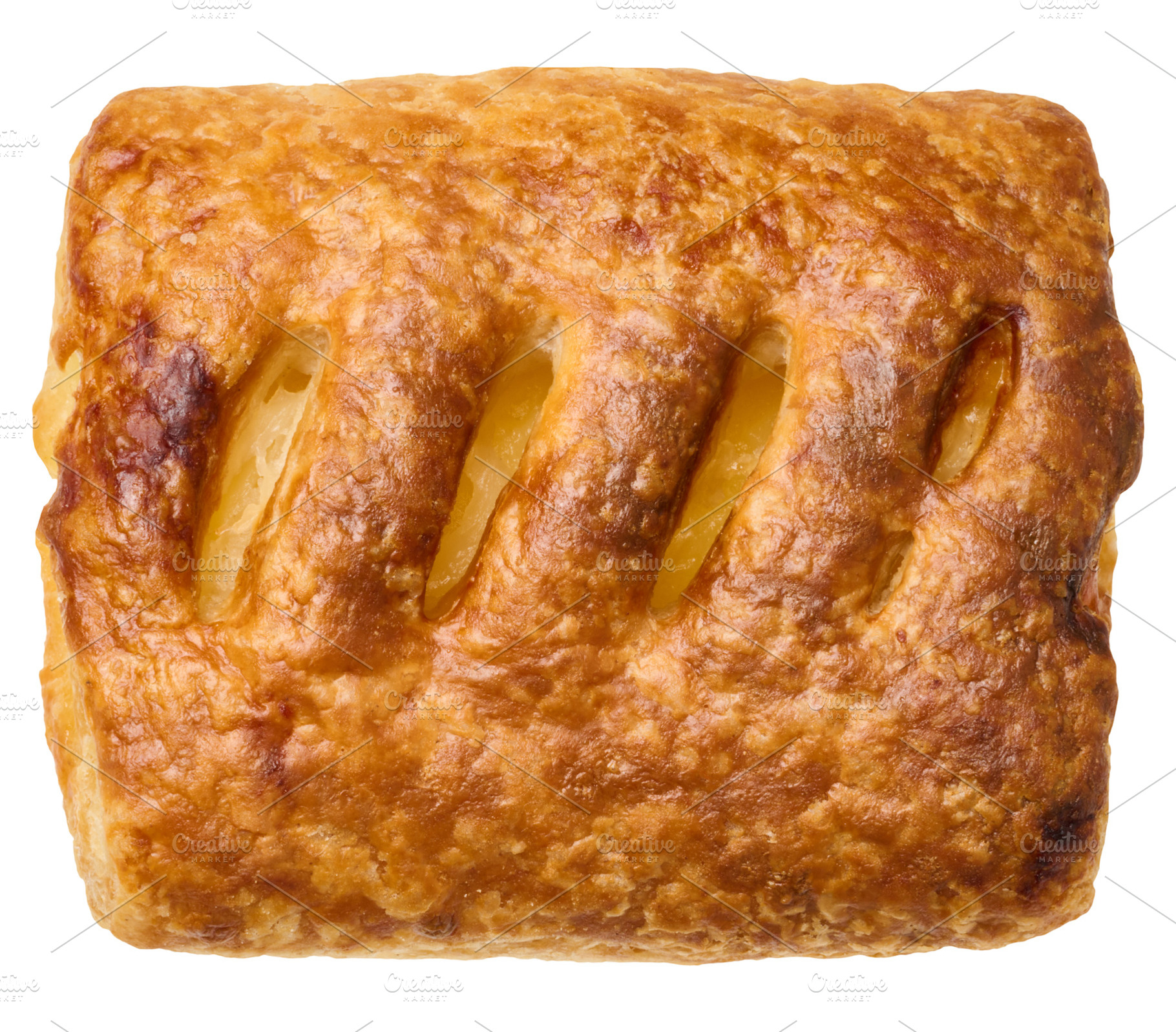 Rectangular puff pastry with apple filling on a white background, a Food & Drink Photo by ndanko