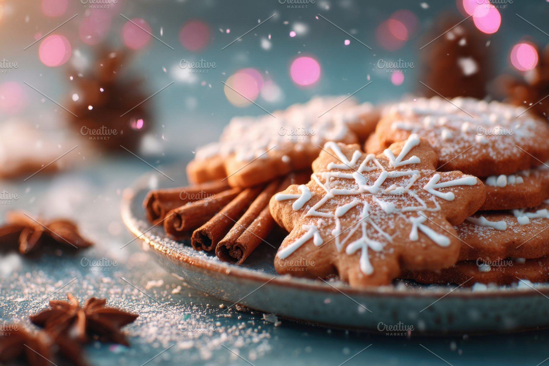 Festive gingerbread cookies on a wooden plate, a Food & Drink Photo by AlyaAnd