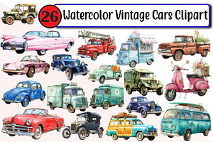 Watercolor Vintage Cars Clipart, an Illustration by Design Market