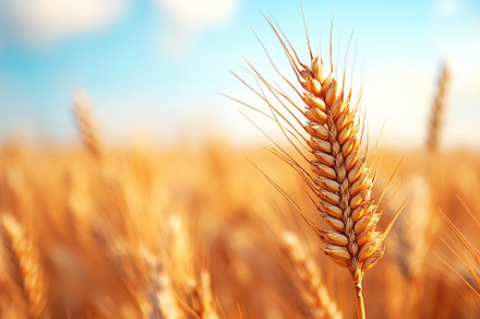 Wheat ear standing tall in a vibrant field under a clear blue sky, a Nature Photo by AlyaAnd