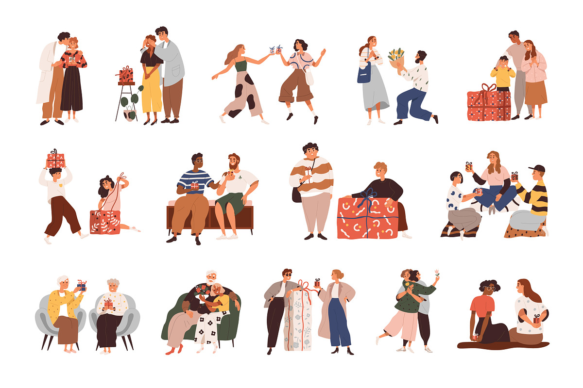 People give flowers and gifts set, a Person Illustration by Good Studio (Photo 1 of 12)