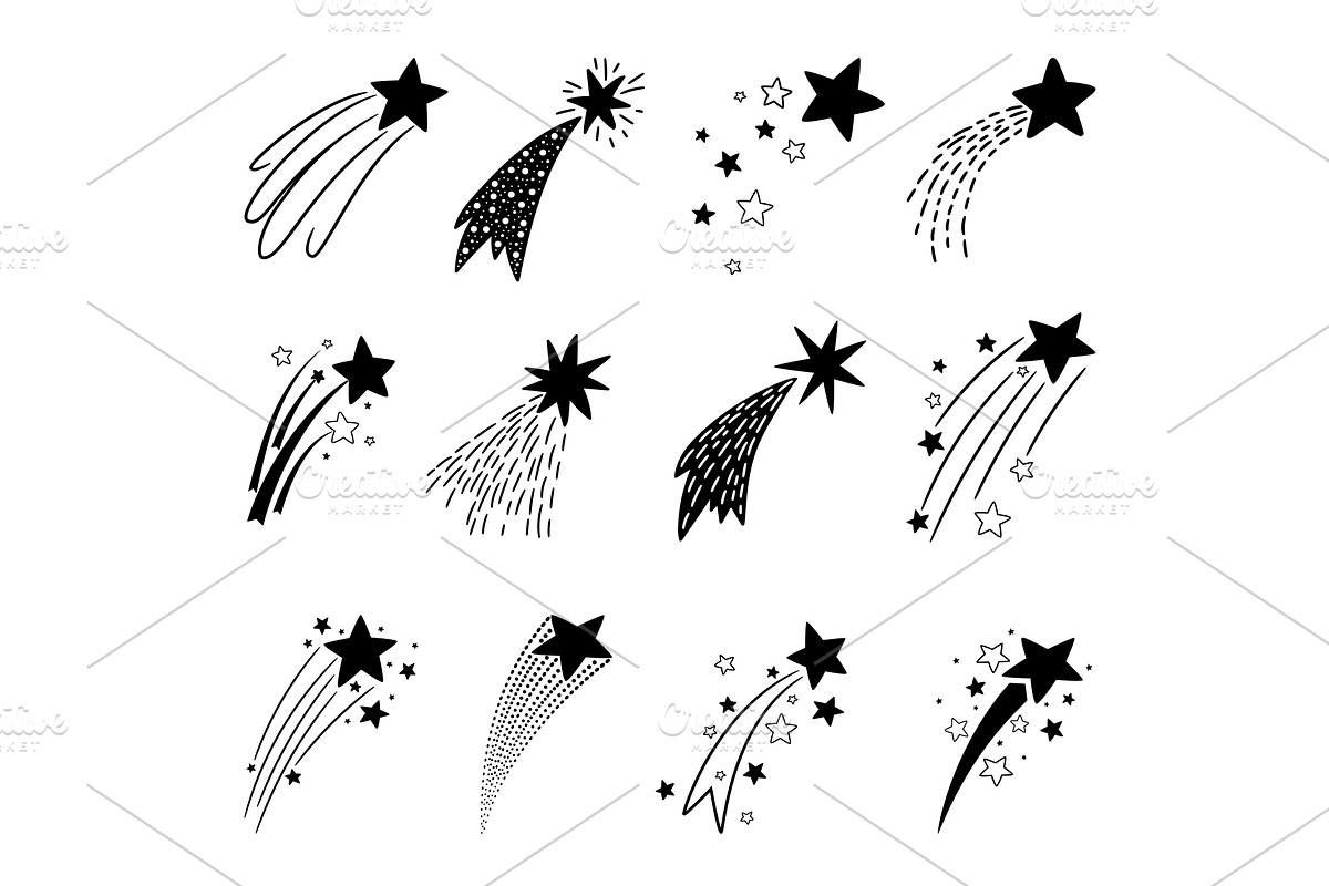 Black falling stars with tails set, an Illustration by Stock-Smart-Start