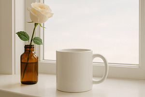Mug and White Rose on Windowsill Moc, a Background Photo by illuztrate