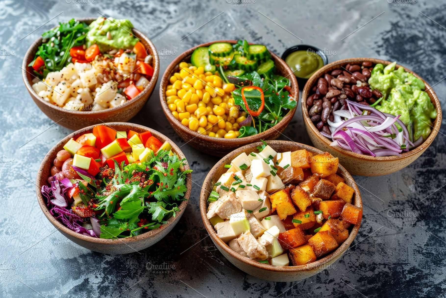 Colorful Assortment of Fresh Salads, a Photo by Tanuart