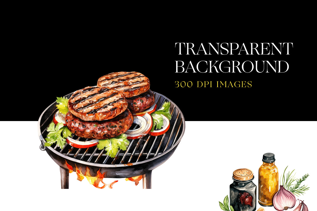 Watercolor Grill Clipart Pack, image size:1200x800