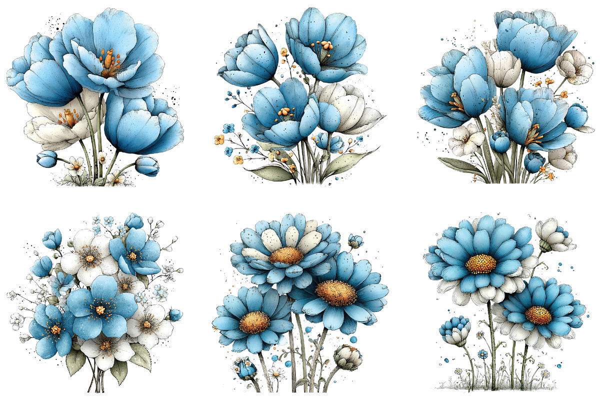 Whimsical Blue Flowers Spring Clipar, an Illustration by CraftArtStudio (Photo 2 of 6)