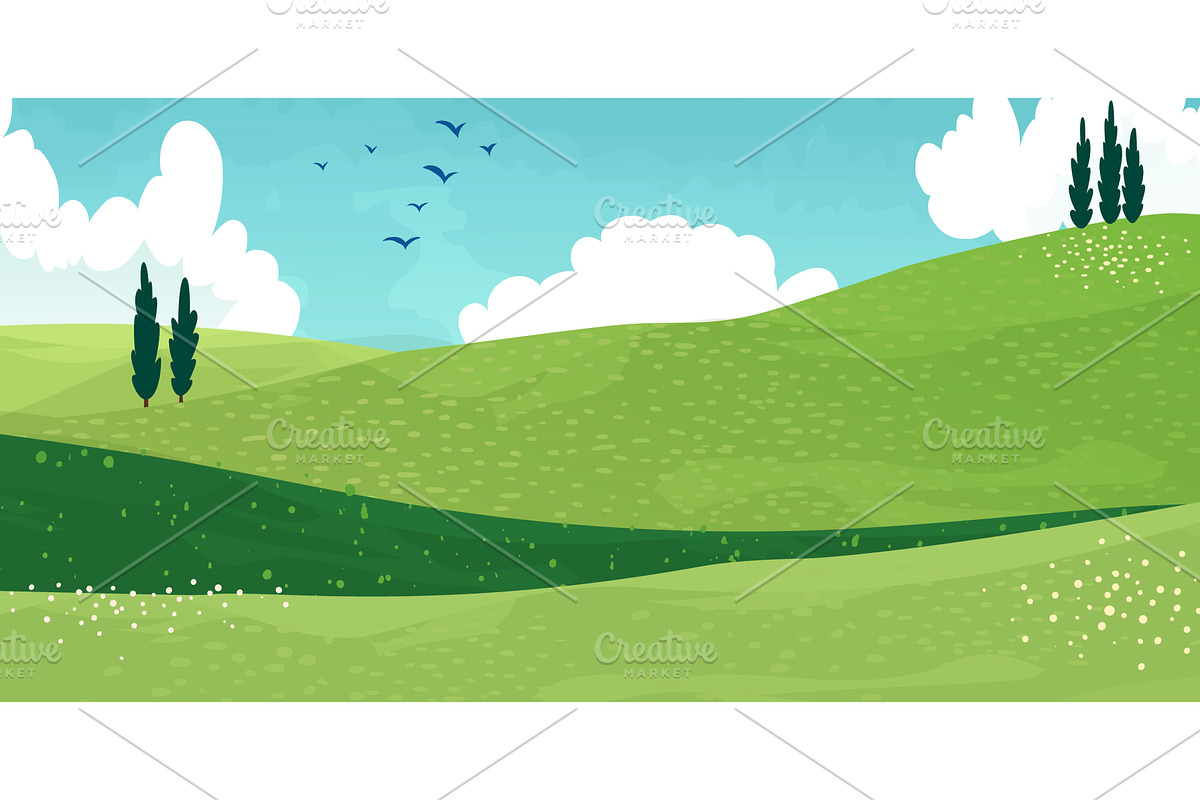 Green mountain meadow, rolling hills, an Illustration by art PVP - market