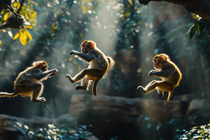 Monkeys in mid-air, leaping through, an Animal Photo by Pixeness Studio