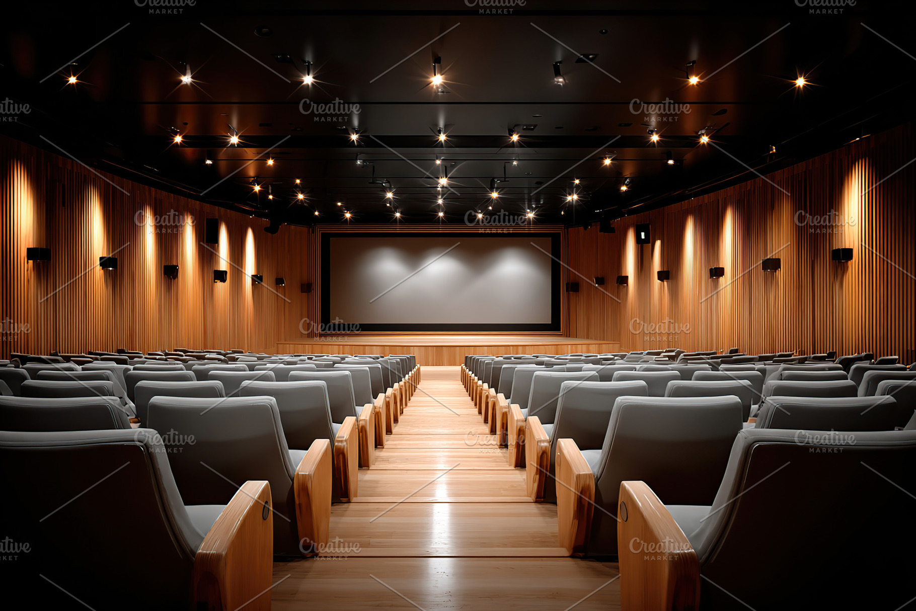 Spacious auditorium with wooden walls, all is ready for a perfor, an Architecture Photo by AlyaAnd