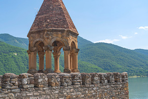 Ancient Ananuri castle watchtower on stone wall with Zhinvali re, a Photo by Pictures for you!!!!!!!!!