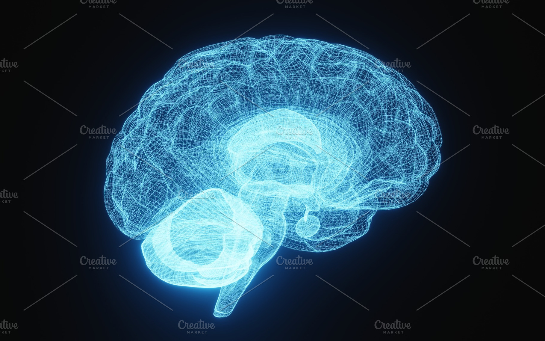 Glowing X-ray image of human brain in blue wireframe on isolated black backgrou, a Health & Medical Photo by Ministocker