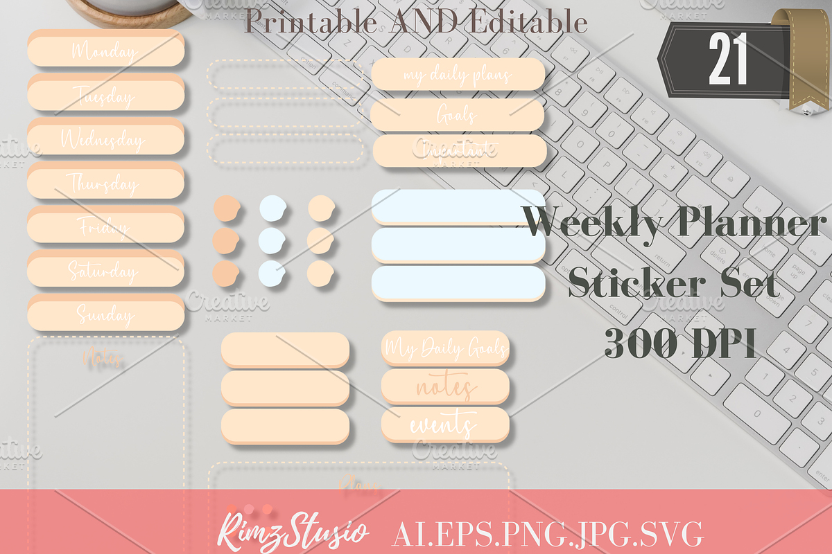 Daily weekly Planner Stickers Vector, an Illustration by RimzStudio (Photo 1 of 3)