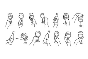 Wine glass and bottle hand holding, a Food Illustration by winwin.art
