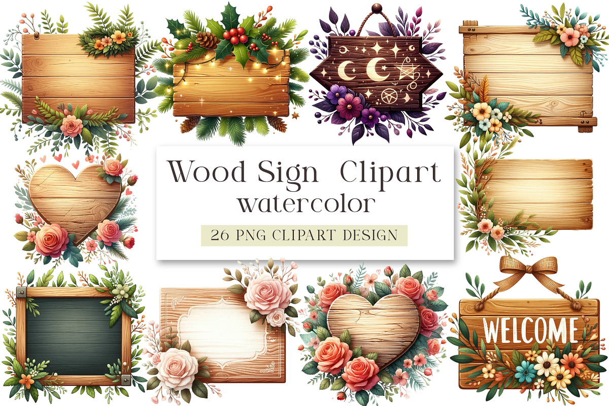 Watercolor Wood Sign Clipart, a Seasonal Illustration by DreamArtGraphic (Photo 1 of 4)