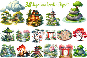 Japanese Garden Watercolor Clipart, an Illustration by DreamCafeArt