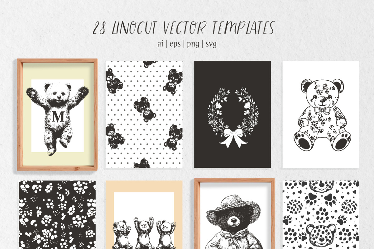 100 Teddy Bear linocut prints, an Object Graphic by DariSmartArt (Photo 8 of 15)