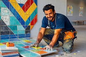 Tile mason designing colorful mosaic, a Person Photo by DanFLCreativo