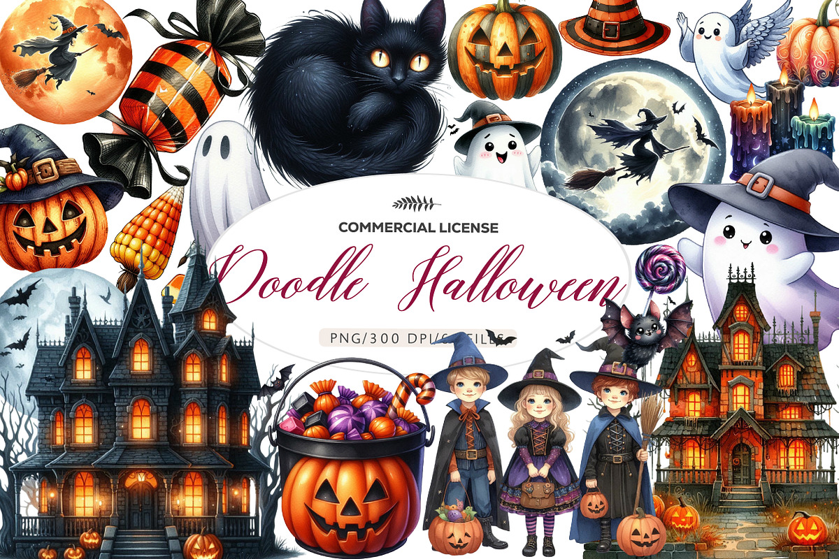 Watercolor Brush Doodle Halloween, an Illustration by CreationArt (Photo 1 of 4)
