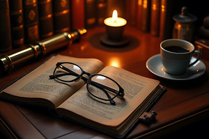 Open Book with Glasses Candle Coffee, a School & Education Photo by Artonix