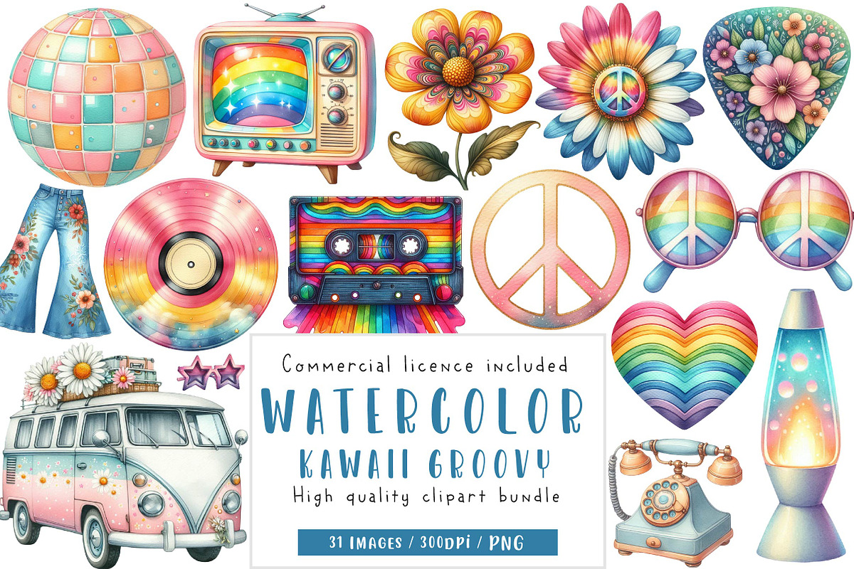 Kawaii 60s Groovy Clipart Bundle, an Illustration by CreationArt (Photo 1 of 5)
