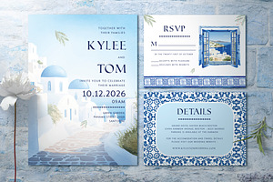 Santorini Wedding Invitation Set, a Print Template by Aarley Kaiven