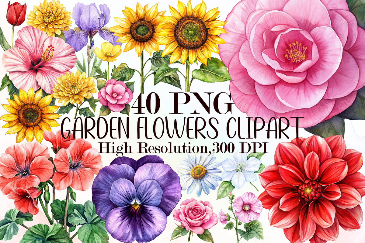 Garden Flowers Watercolour Clip Art, an Illustration by Sublimation Artist (Photo 1 of 6)