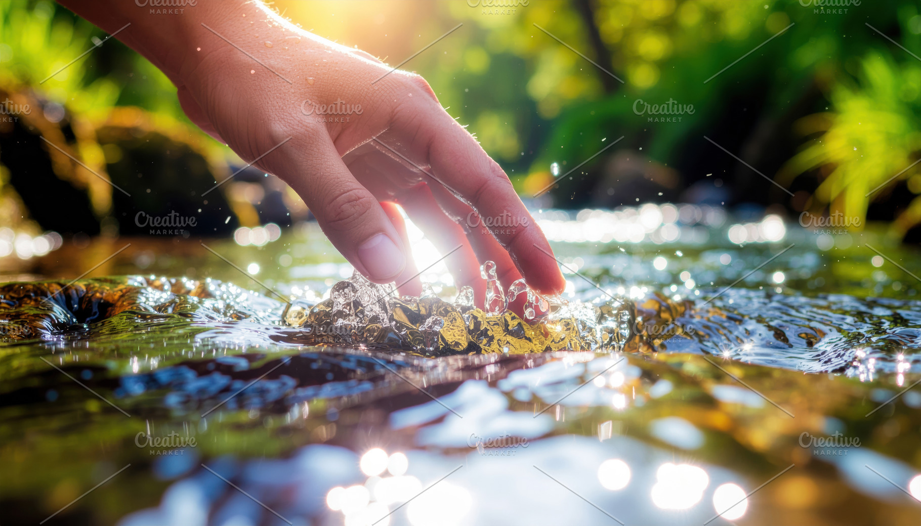 Hand Touching Clear Stream in Sunlit Forest, a Nature Photo by Davizro's Market