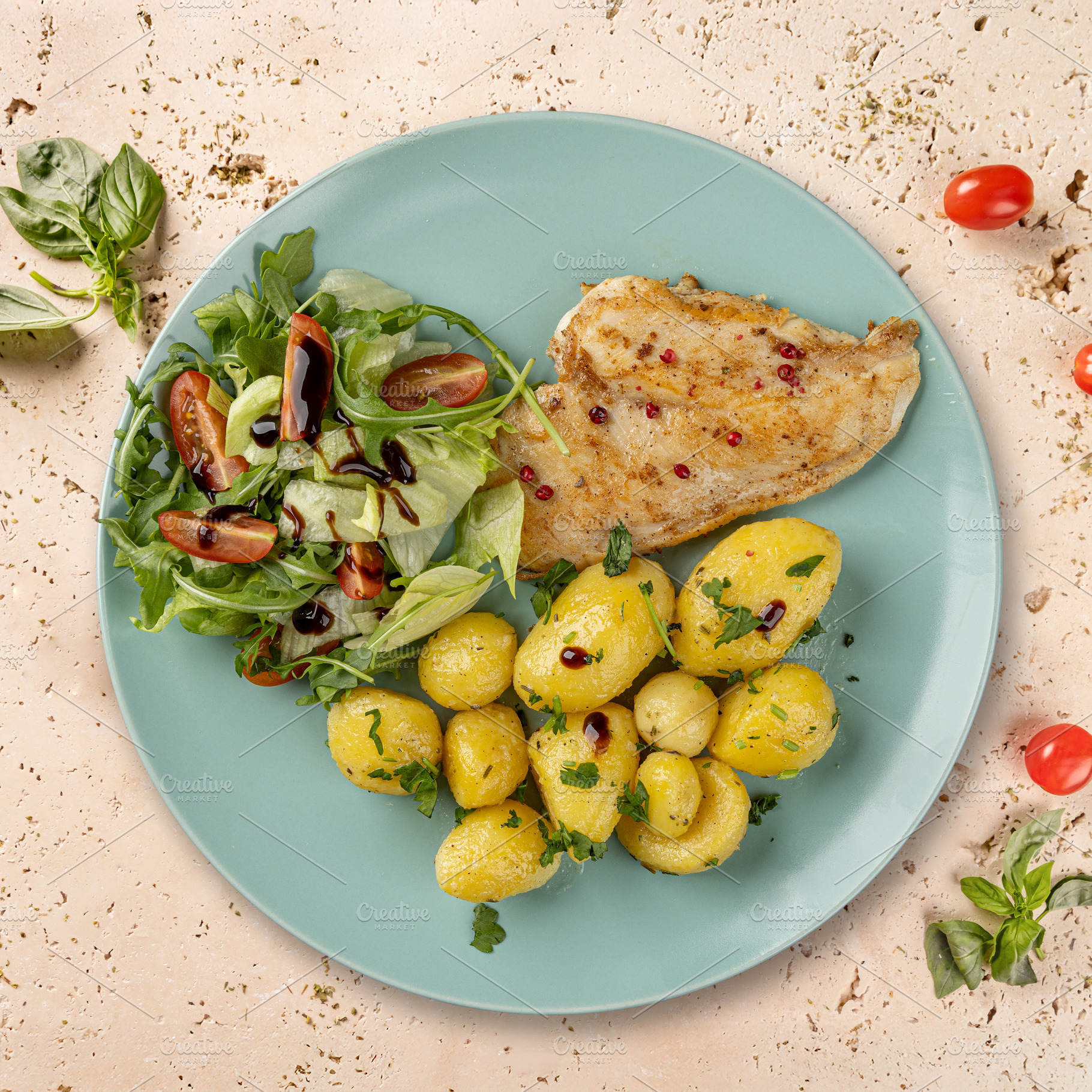 Grilled chicken breast with roasted potatoes, a Food & Drink Photo by Grafvision photography