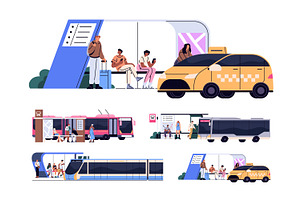 Urban public transport, bus stop set, a Transportation Illustration by PaperTrident