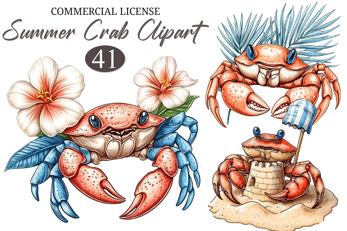 Whimsical Summer Crab Clipart, an Illustration by designcity5 (Photo 1 of 5)