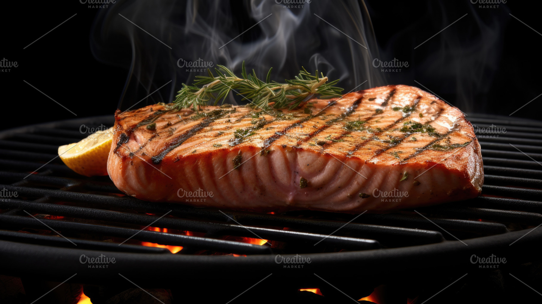 Close up of salmon fillet steak grilling on BBQ, garnished with, a Photo by Dvoevnore photos