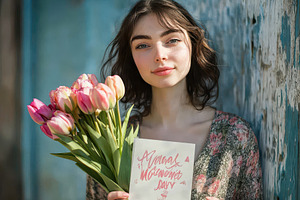 Young woman with curly hair holds, a Photo by Pavel_design
