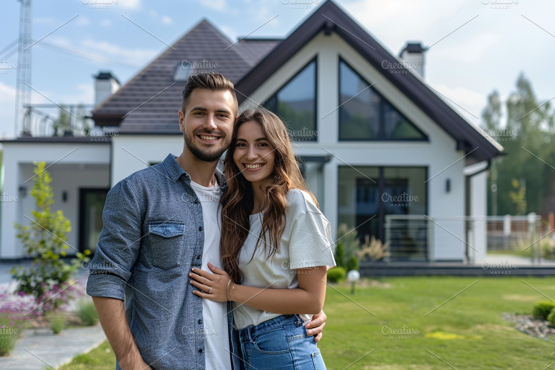 Portrait of happy young couple near new modern house, a Person Photo by AlyaAnd