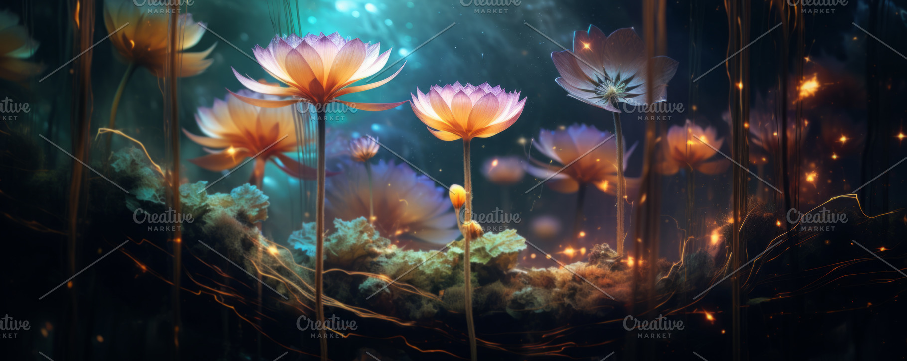 Ethereal underwater scene featuring delicate blossoms drifting amidst the seren, an Abstract Photo by Natalia Klenova's Shop