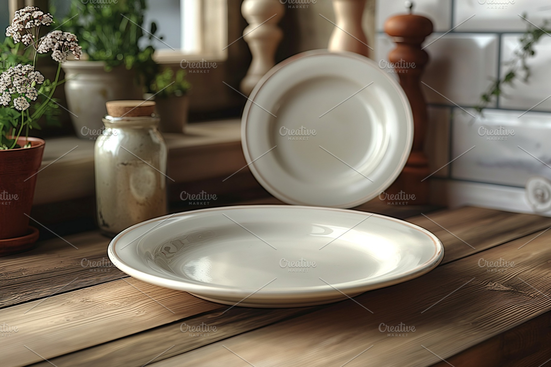 A rustic kitchen setting with white ceramic plates placed on a wooden table, su, a Business Photo by ImageMir