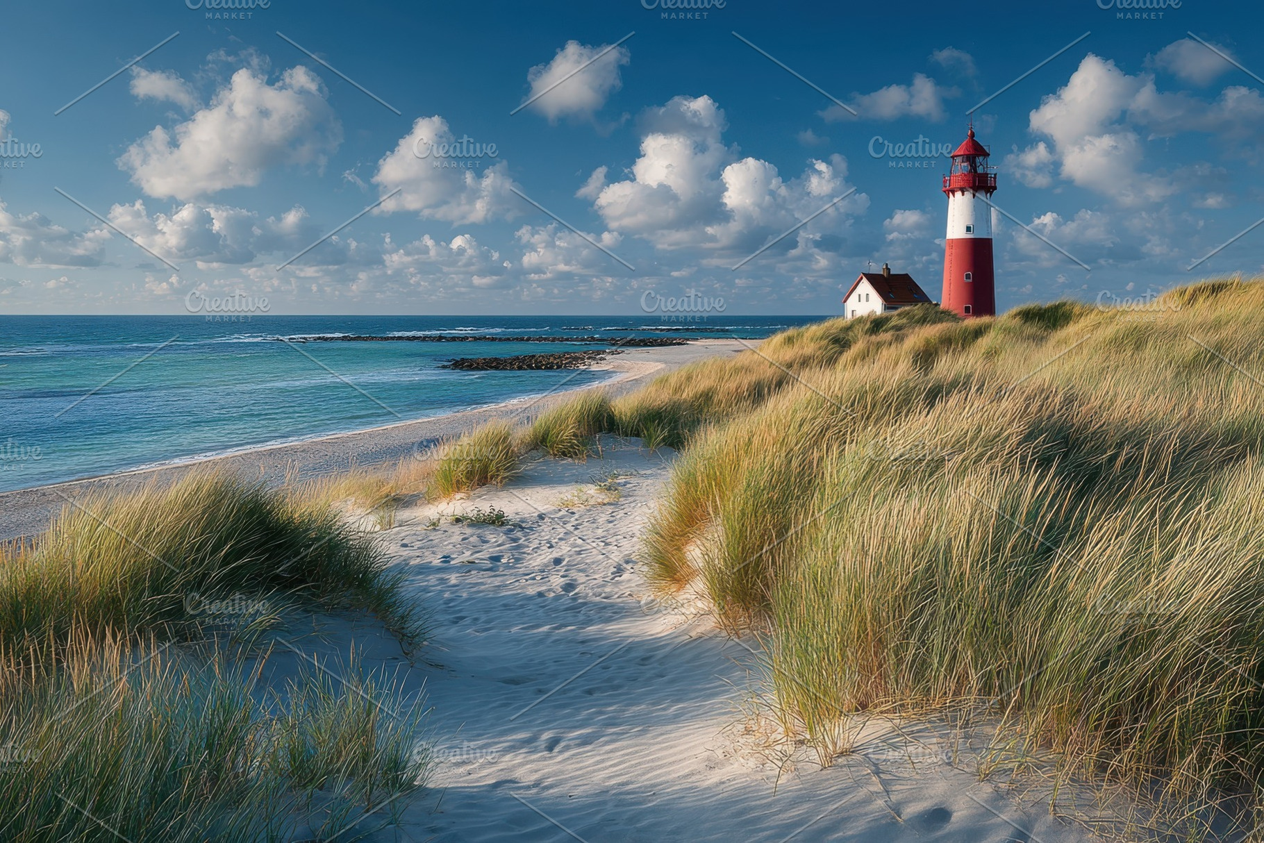 Red and white lighthouse on sandy be, a Photo by Pixeness Studio