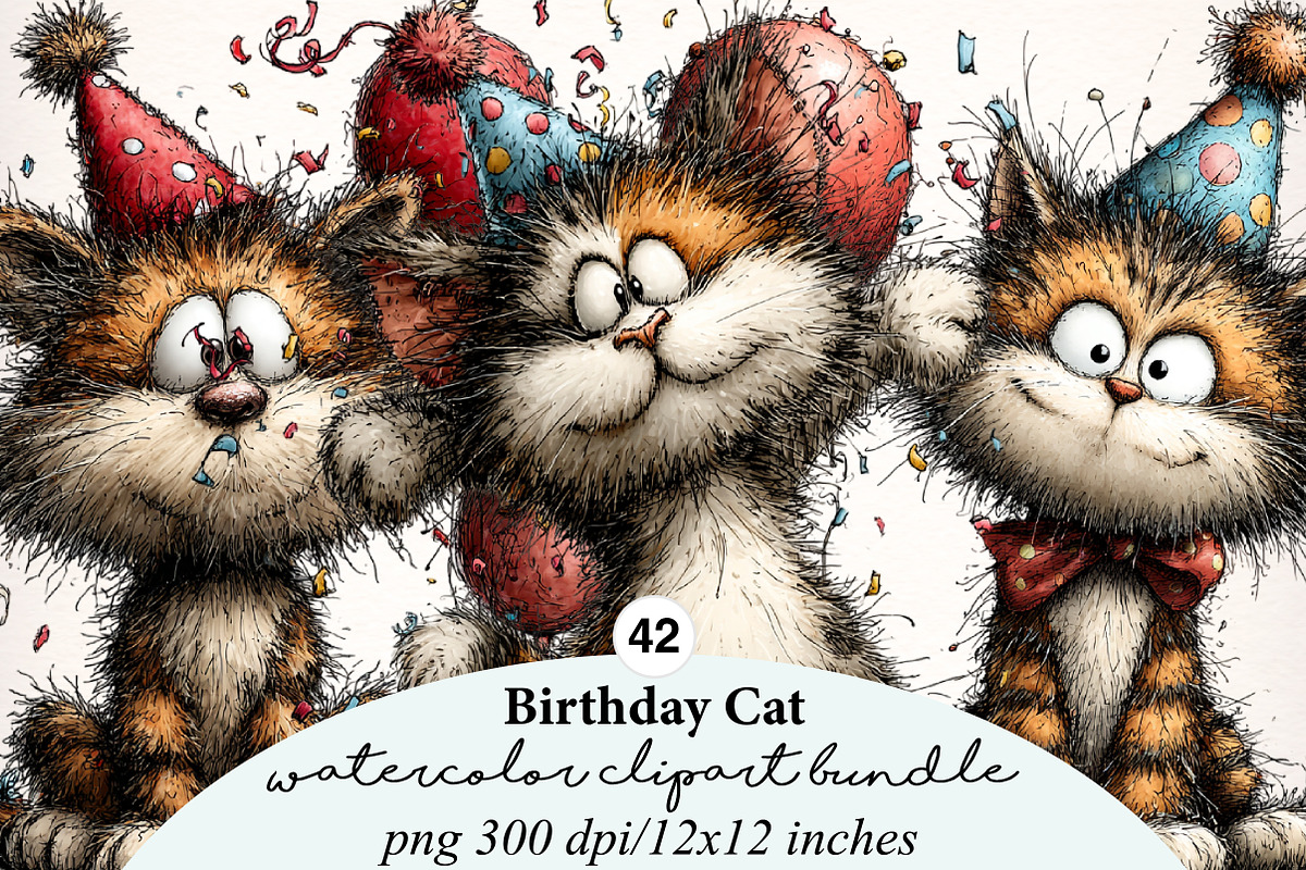 Whimsical Birthday Cat Clipart, a Transportation Illustration by Digital Artistic99 (Photo 1 of 10)